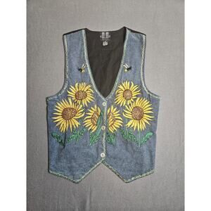 D.D. Designs Vest Womens Medium Blue Denim Vintage Sunflower Embroidery